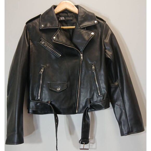 Zara womens large biker jacket leather black - Picture 3 of 8